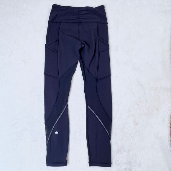 Lululemon Womens Navy Blue Mesh Cut Outrun Tights 7/8  Size 4 Small Pockets - Picture 9 of 12